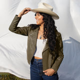 Leather Moto Jacket in Olive