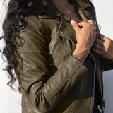 Leather Moto Jacket in Olive