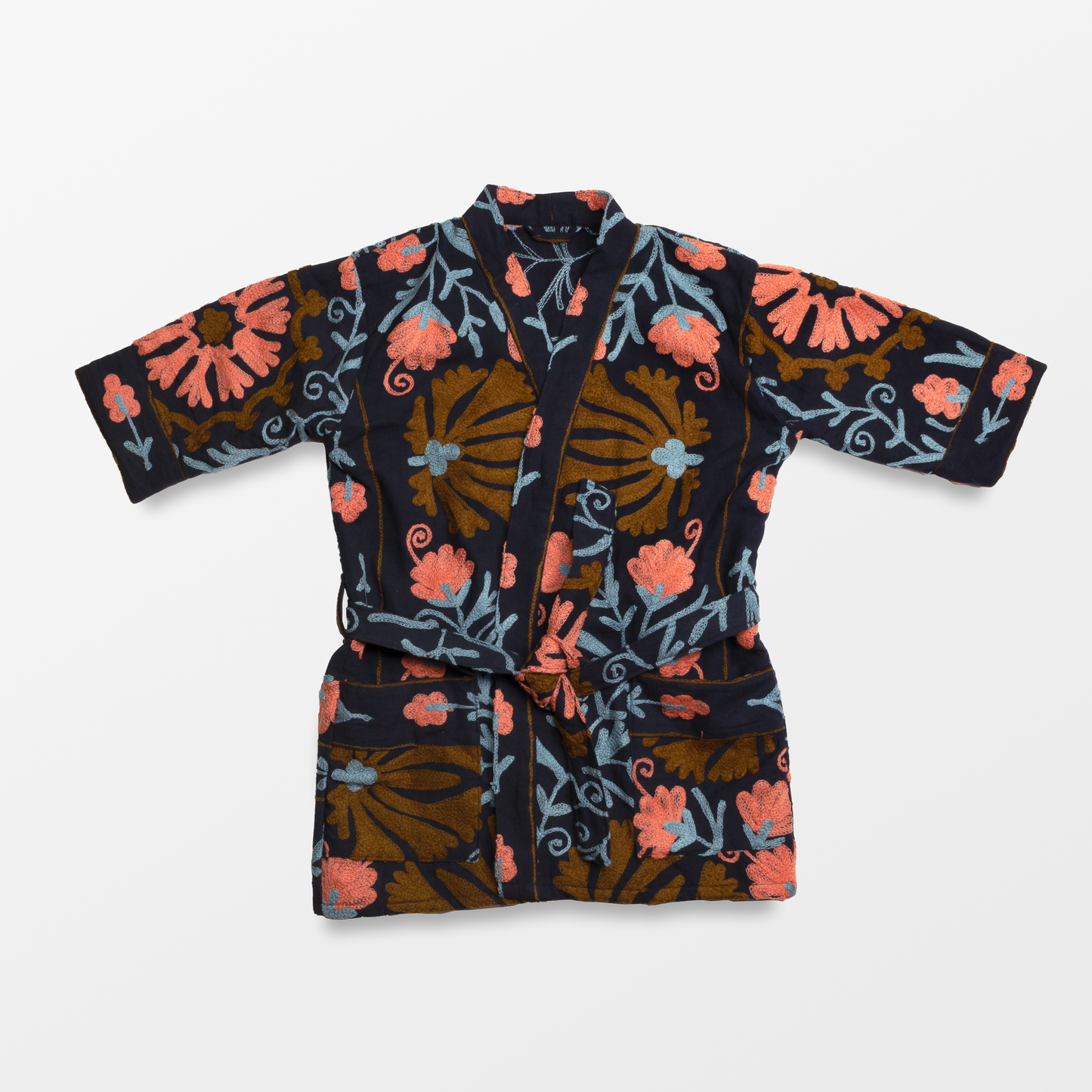 Floral Embroidered Robe - Navy & Coral
