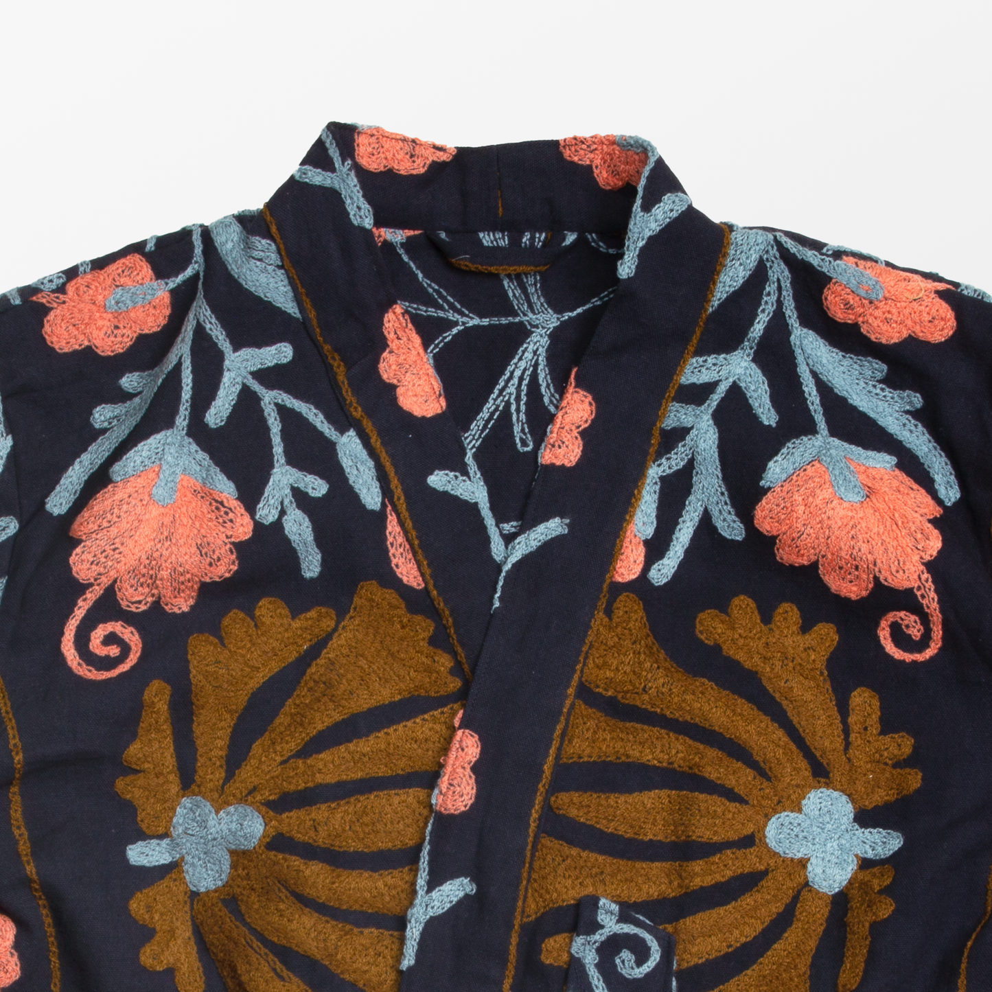 Floral Embroidered Robe - Navy & Coral