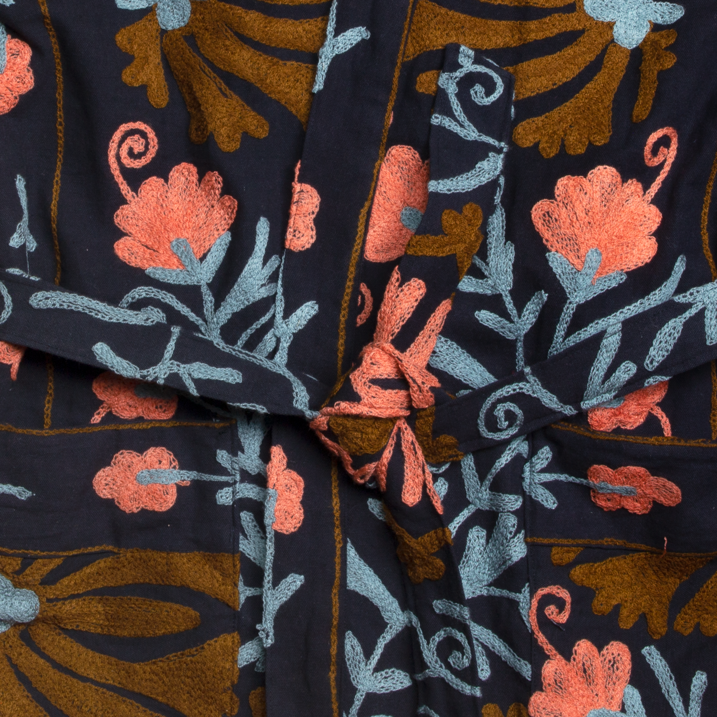Floral Embroidered Robe - Navy & Coral