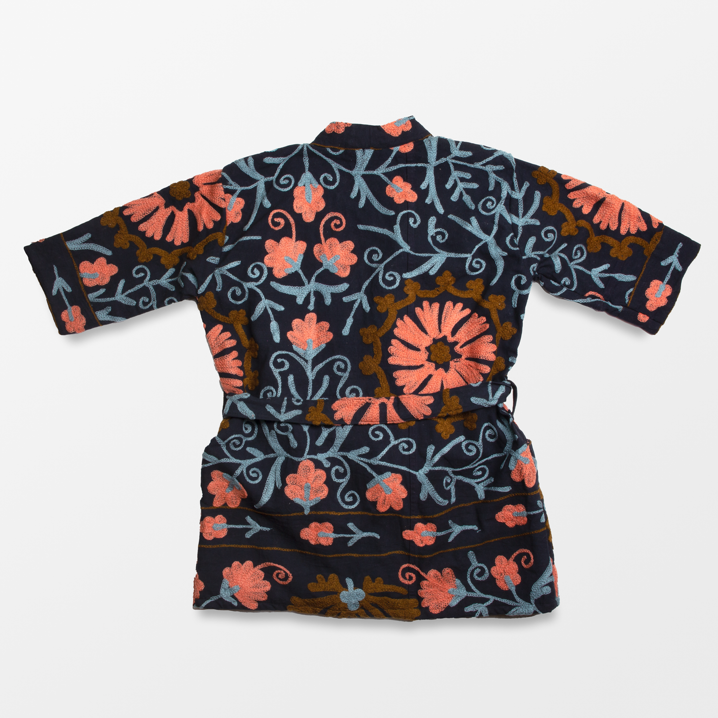 Floral Embroidered Robe - Navy & Coral