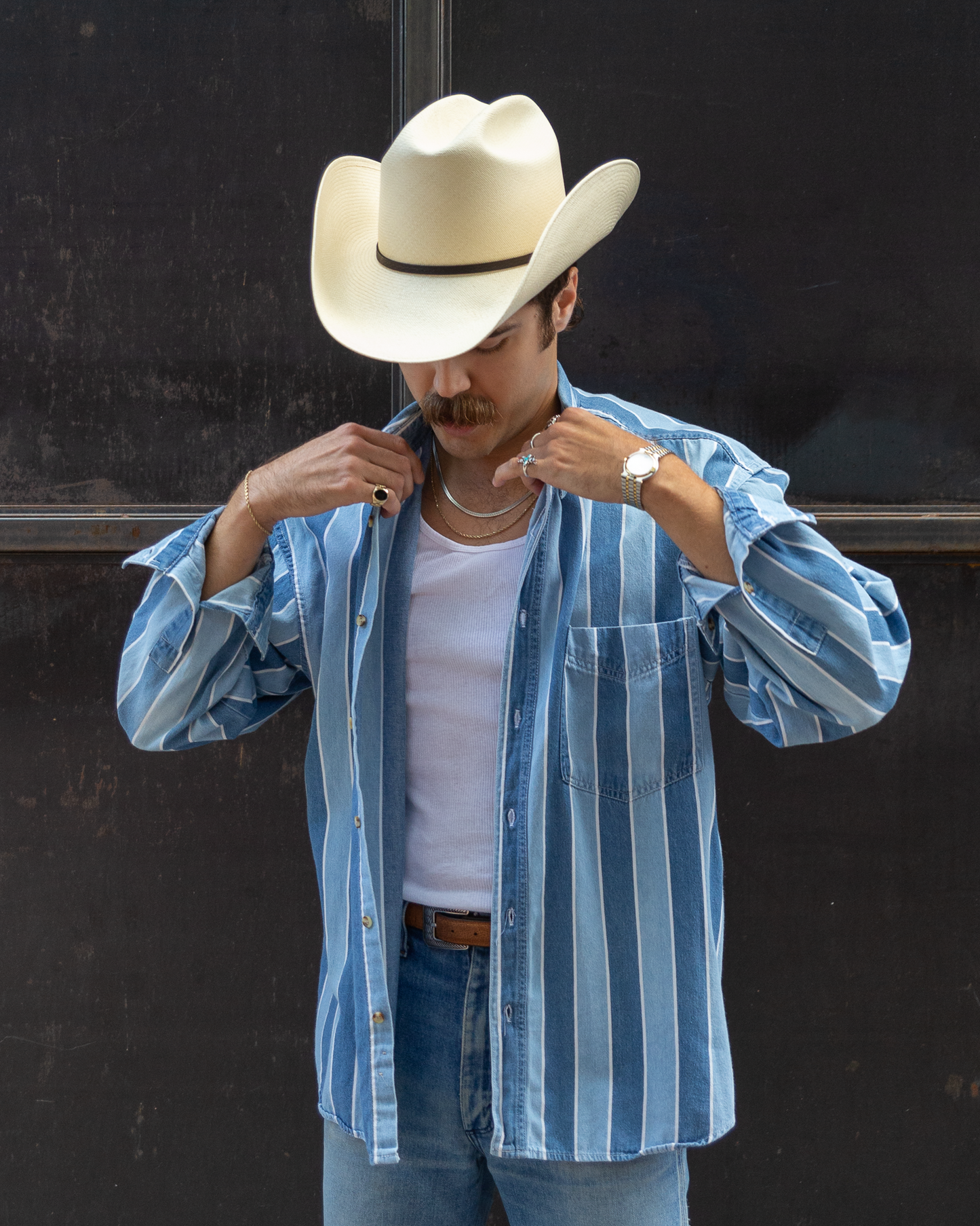 Denim Contrasting Stripe Button Down Shirt