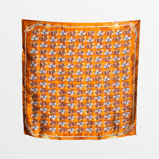 The Large ‘Bob Wire’ Silk Scarf - Orange Horse Heads