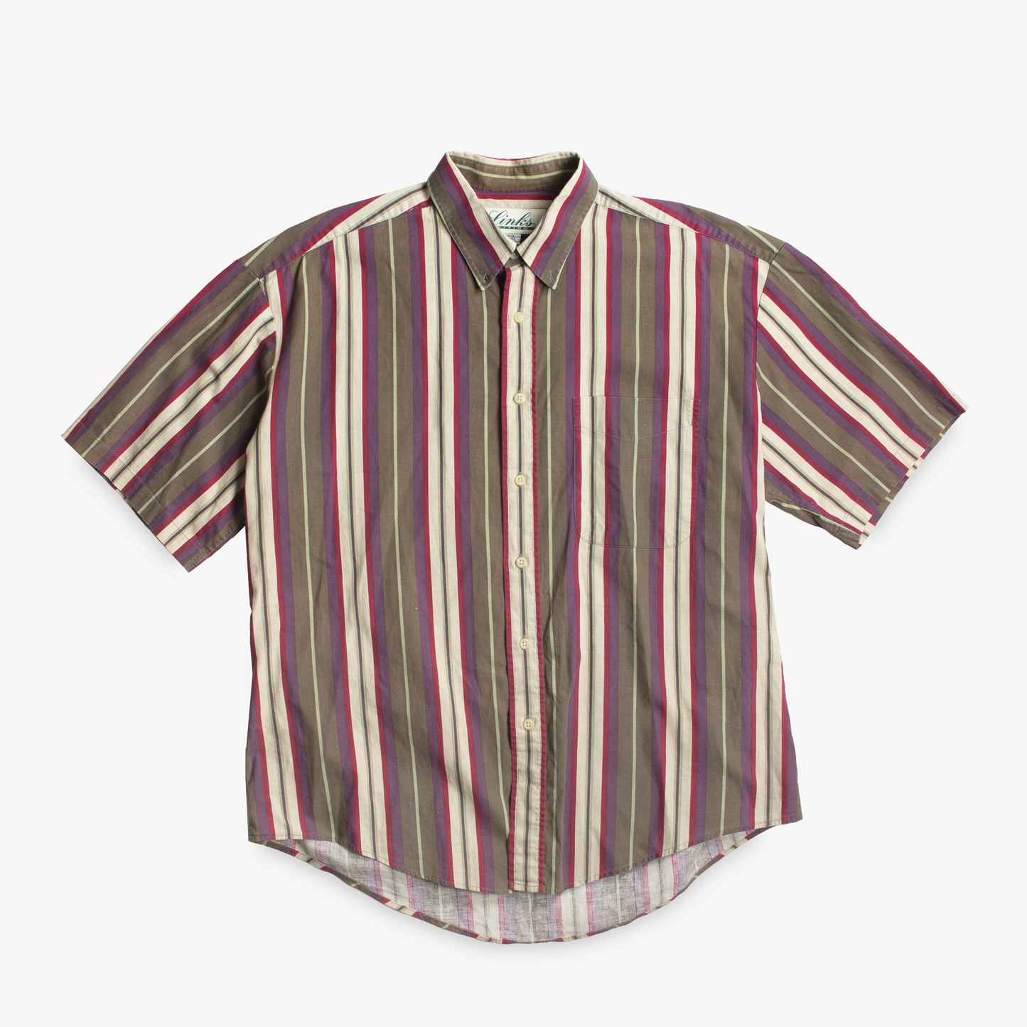 90s Vertical Stripe- Green, Purple, Burgundy Short Sleeve Button Up