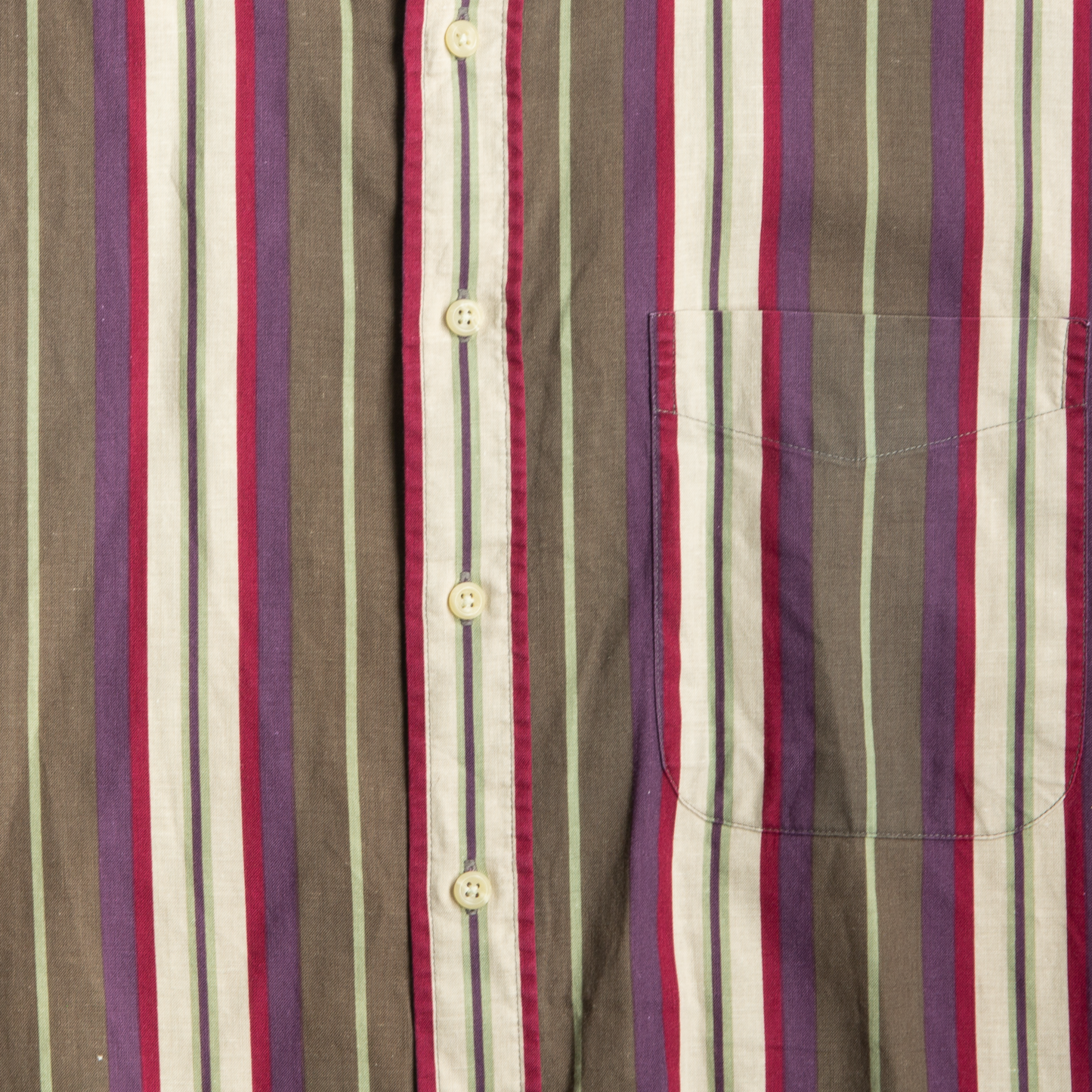 90s Vertical Stripe- Green, Purple, Burgundy Short Sleeve Button Up