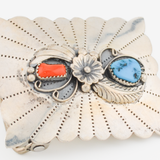 Vintage Navajo 2 Stone Turquoise & Coral with Flower Belt Buckle